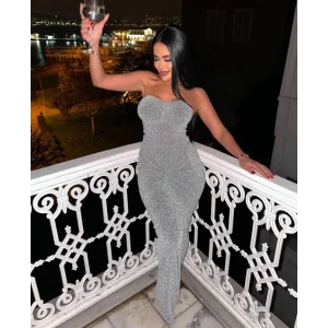 Straplez Simli Uzun Elbise