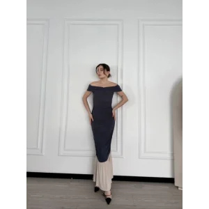 Striptiz Omuzlu Uzun Elbise- Füme