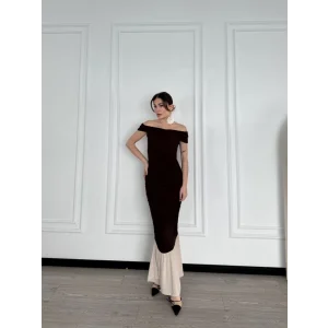 Striptiz Omuzlu Uzun Elbise- Kahve