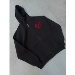 Üç İplik Baskılı Fermuarlı Kapşonlu Hırka - Siyah