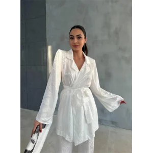 VİSKON JAKARLI BAĞLAMALI GÖMLEK - PANTOLON TAKIM - Beyaz