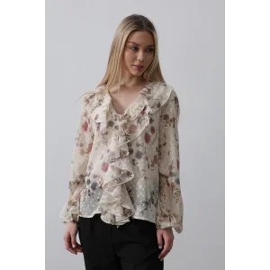 Volanlı Çiçek Desen Şifon Gömlek - Krem