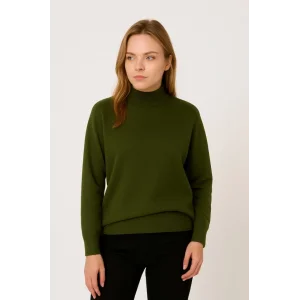 Yarım Boğaz Triko Kazak Yumuşak Dokulu Pamuklu Ince Dokuma, Uzun Kollu Rahat Regular Kalıp - Haki