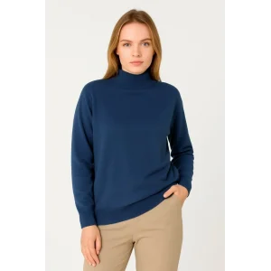 Yarım Boğaz Triko Kazak Yumuşak Dokulu Pamuklu Ince Dokuma, Uzun Kollu Rahat Regular Kalıp - İndigo