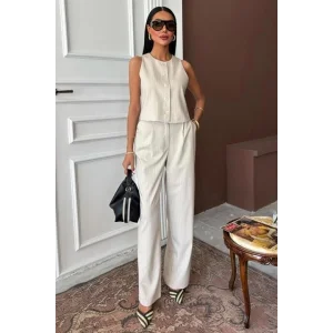 Yelek Plazzo Pantolon Çizgili Flamlı Poliviscon Takım 10178