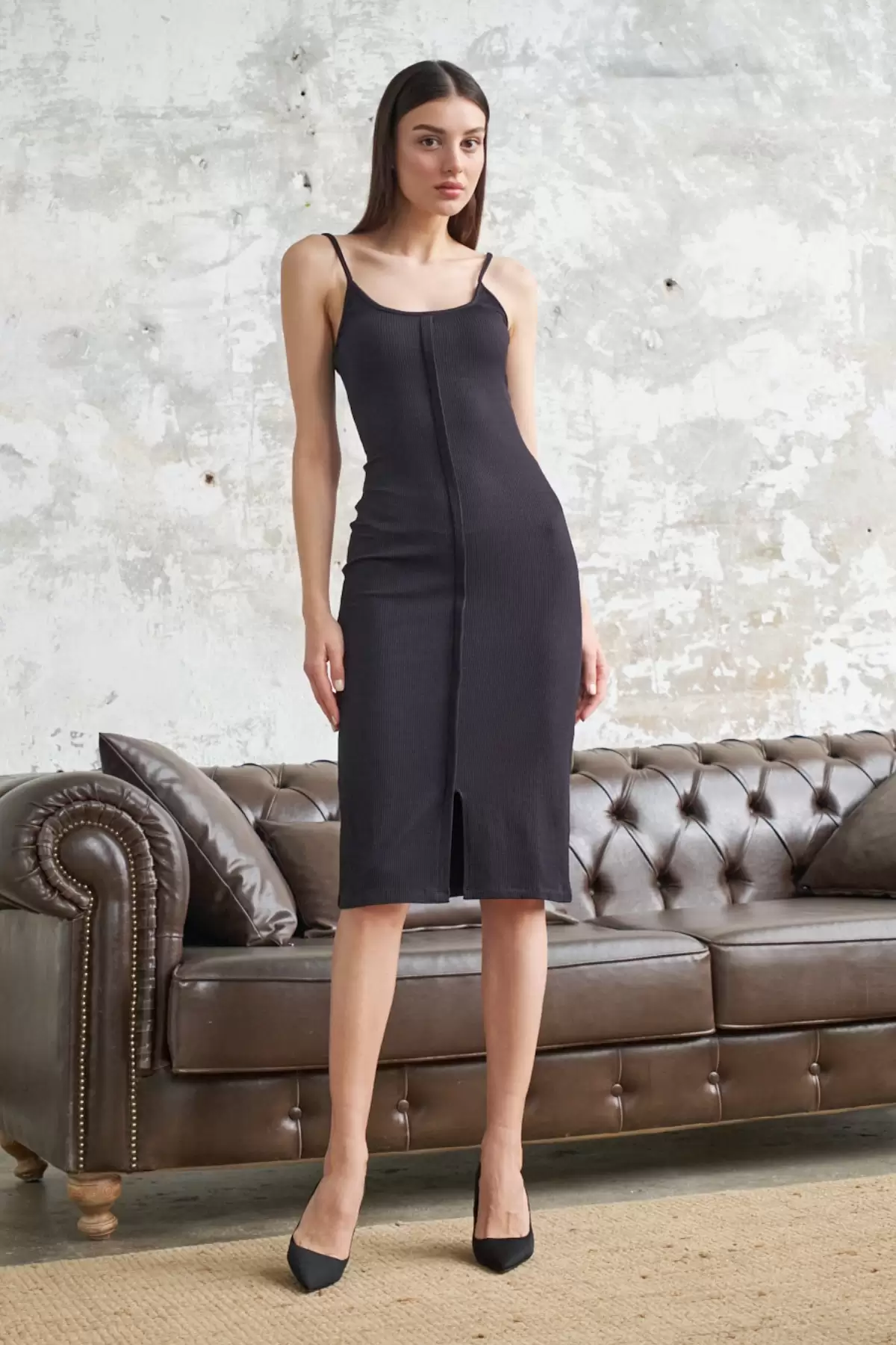 STRETCH RIB THIN STRAPPED DRESS (THERE IS ORNAMENTAL STITCHING DETAIL ON THE FRONT)