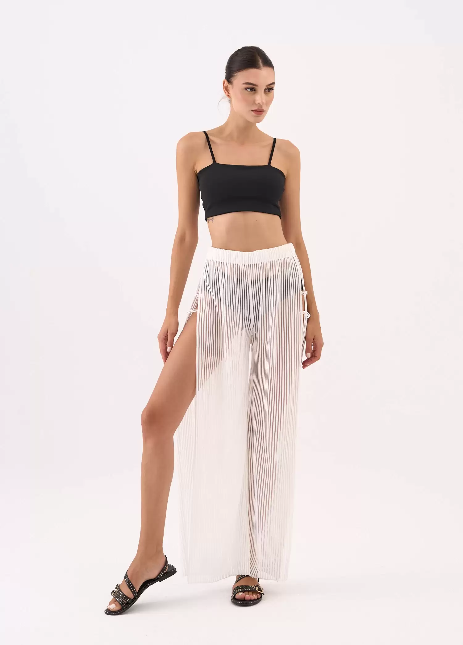 TRANSPARENT TROUSERS WITH SIDE SPRING DETAILS, ELASTIC WAIST