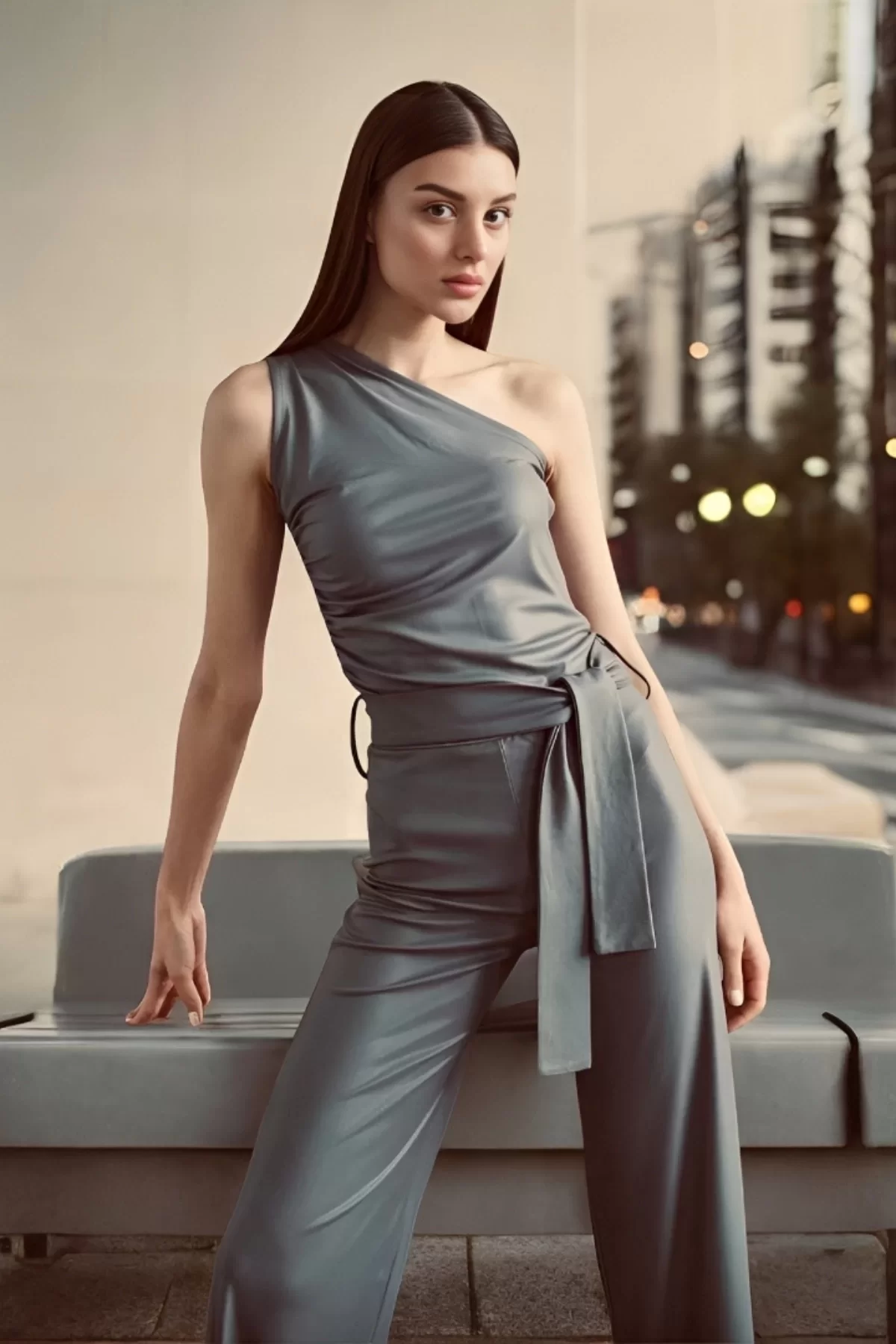 ASYMMETRIC ONE SHOULDER JUMPLUS WITH SIDE ZIPPER WITH PIRING DETAIL WITH OWN FABRIC BELT