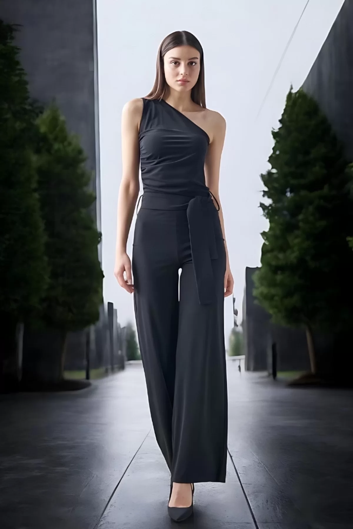 ASYMMETRIC ONE SHOULDER JUMPLUS WITH SIDE ZIPPER WITH PIRING DETAIL WITH OWN FABRIC BELT