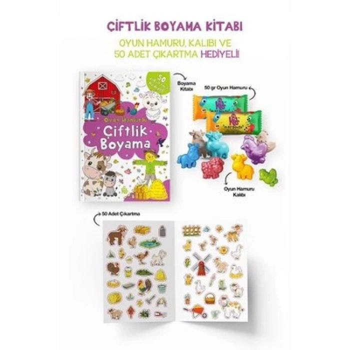 Çiftlik Boyama Kitabı - Oyun Hamuru, Oyuncak ve Çıkartma Hediyeli