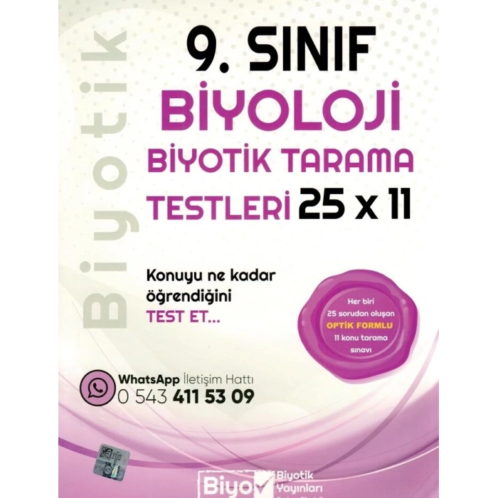 9. Sınıf Biyoloji 25 x 11 Biyotik Tarama Testleri
