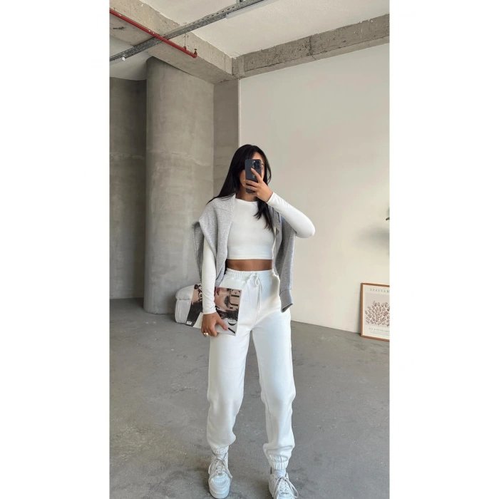 3 iplik şardonlu paça lastikli eşofman beyaz is001