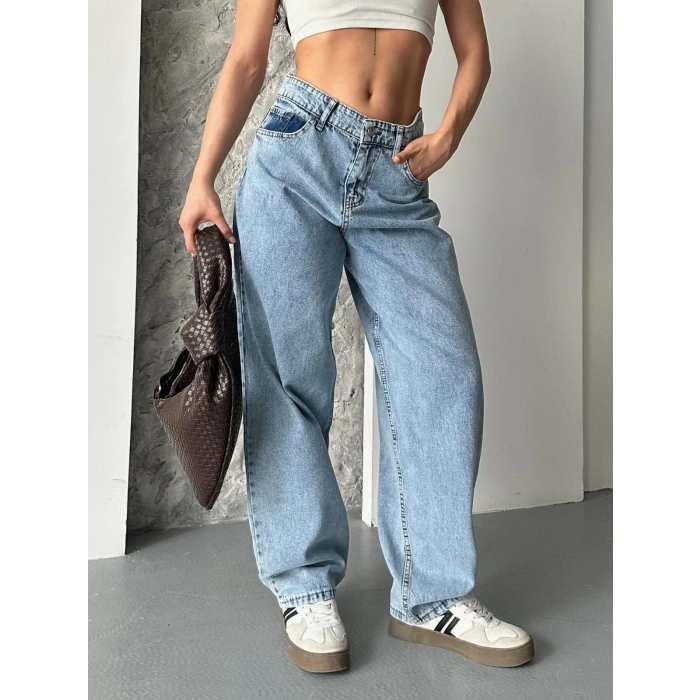 Baggy kar yıkama orta mavi jeans pantolon d2007