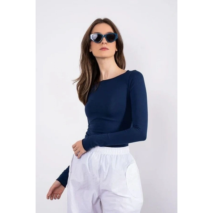 Kayık yaka uzun kollu bluz lacivert pt