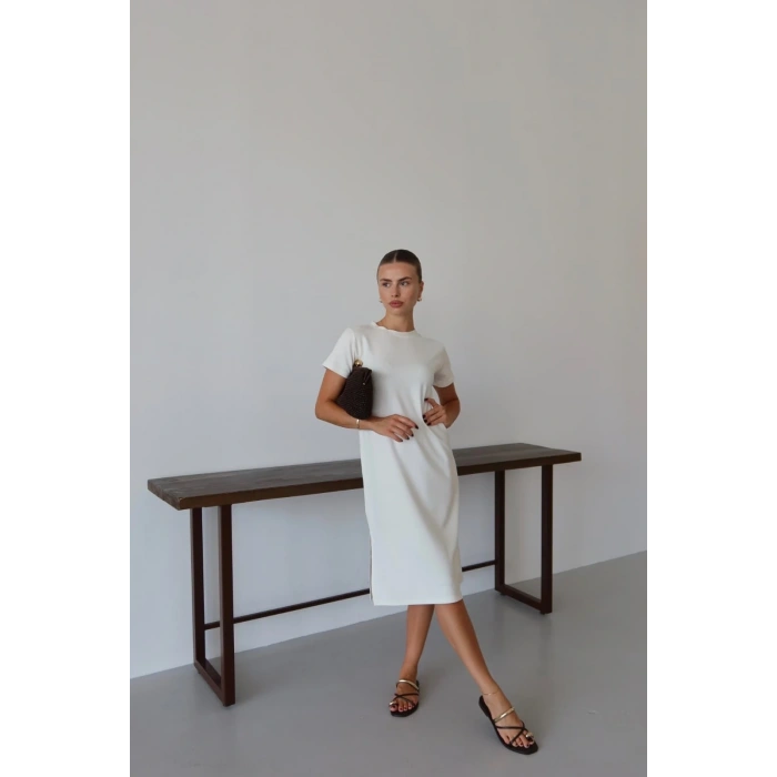 Modal yırtmaçlı elbise beyaz pt