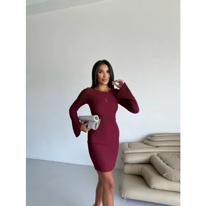 Prenses kol esnek kumaş elbise bordo f2334