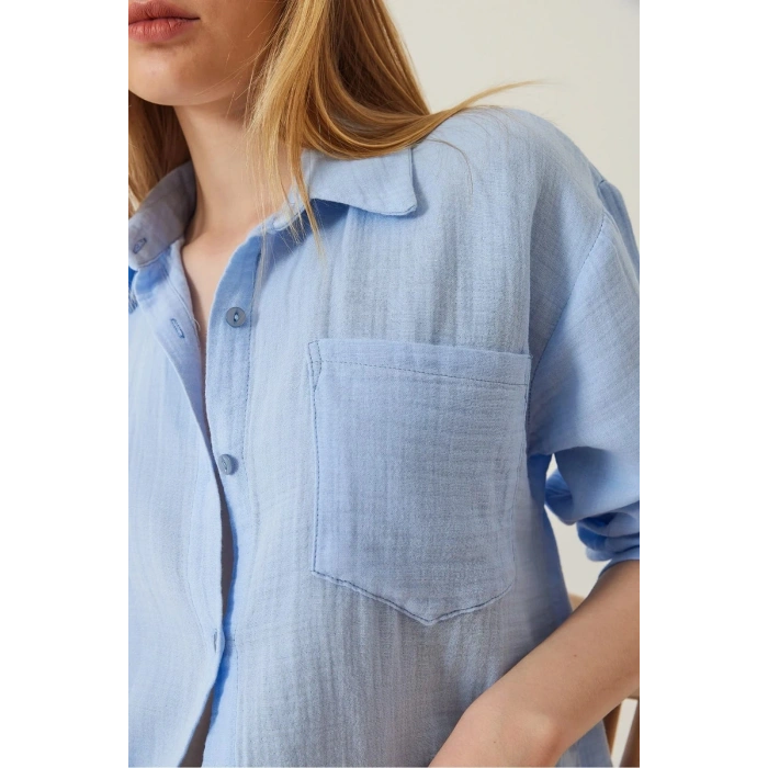 Tek cepli müslin gömlek mavi pt