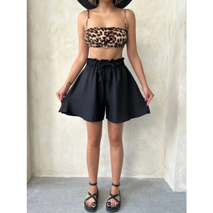 Volanlı keten şort siyah s255058