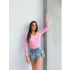 V yaka çizgili bluz pembe A3699