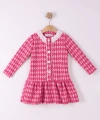 2-5 yaş Düğmeli Kız Çocuk Ekose Pamuklu Jakar Kumaş Uzun Kollu Kışlık Şık Elbise
