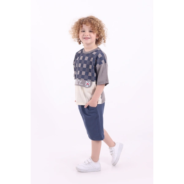 Kare Baskılı Kanguru Kapaklı 3-6 Yaş Oversize Erkek Çocuk Şortlu Yazlık Takım