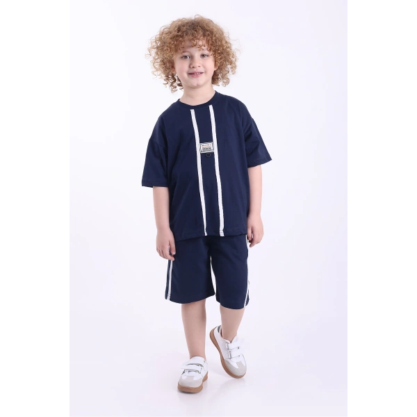 Şeritli Ve Aksesuarlı 3-6 Yaş Oversize Erkek Çocuk Şortlu Yazlık Takım