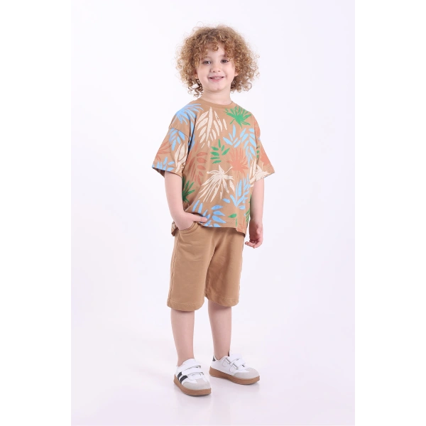 Palmiye Baskılı 3-6 Yaş Oversize Erkek Çocuk Şortlu Yazlık Takım