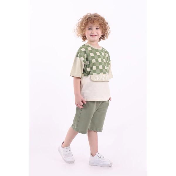 Kare Baskılı Kanguru Kapaklı 3-6 Yaş Oversize Erkek Çocuk Şortlu Yazlık Takım