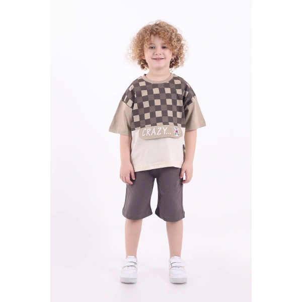 Kare Baskılı Kanguru Kapaklı 3-6 Yaş Oversize Erkek Çocuk Şortlu Yazlık Takım