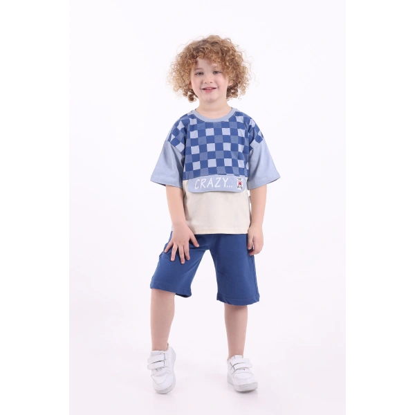 Kare Baskılı Kanguru Kapaklı 3-6 Yaş Oversize Erkek Çocuk Şortlu Yazlık Takım