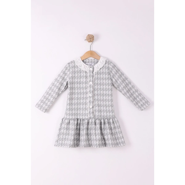 2-5 yaş Düğmeli Kız Çocuk Ekose Pamuklu Jakar Kumaş Uzun Kollu Kışlık Şık Elbise