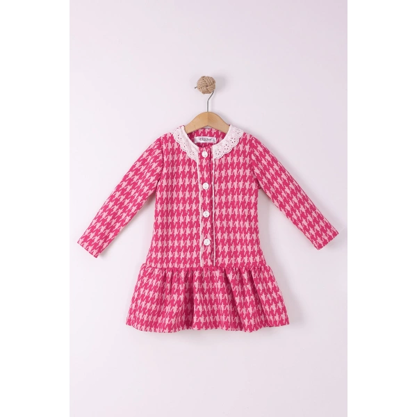 2-5 yaş Düğmeli Kız Çocuk Ekose Pamuklu Jakar Kumaş Uzun Kollu Kışlık Şık Elbise