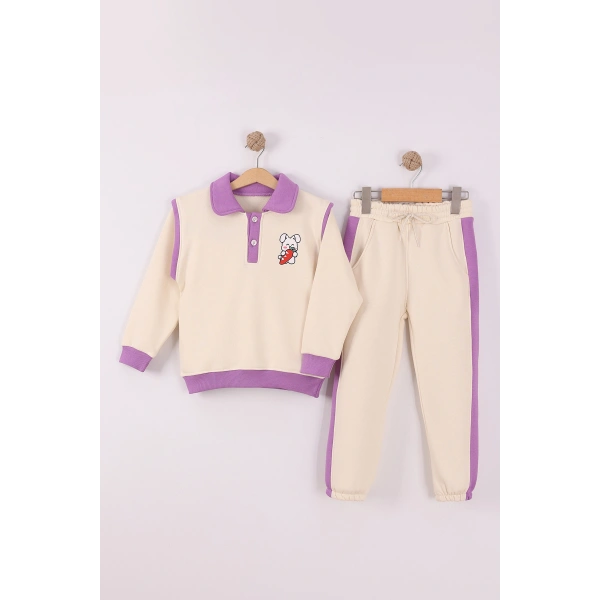 4-8 Yaş Kız Çocuk Yarım patlı 3 İplik Şardonlu Kumaş Alt Üst Takım | Kışlık Çocuk Eşofman Takımı