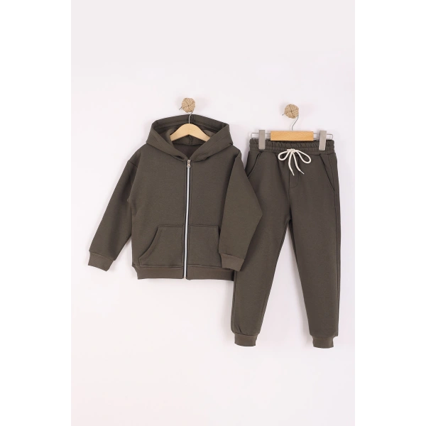 4-8 Yaş Erkek Çocuk fermuarlı 3 İplik Şardonlu Kumaş Alt Üst Takım | Kışlık Çocuk Eşofman Takımı