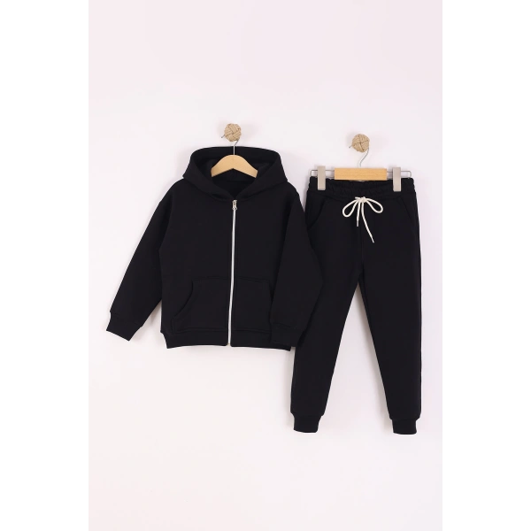 4-8 Yaş Erkek Çocuk fermuarlı 3 İplik Şardonlu Kumaş Alt Üst Takım | Kışlık Çocuk Eşofman Takımı