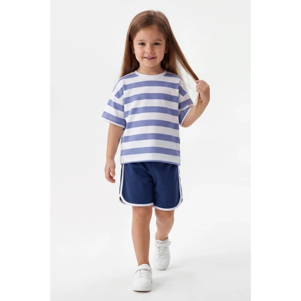 3-10 Yaş Kız Çocuk %100 Pamuk Yazlık Çizgili Takım | Oversize Tişört ve Şort