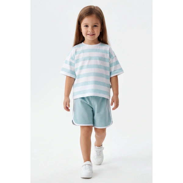 3-10 Yaş Kız Çocuk %100 Pamuk Yazlık Çizgili Takım | Oversize Tişört ve Şort