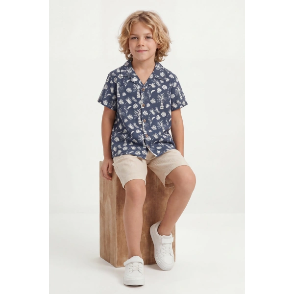 4-8 Yaş Erkek Çocuk Keten %100 Pamuk Yazlık Takım –Desenli Gömlek ve Şort Rahat Kesim Kombin