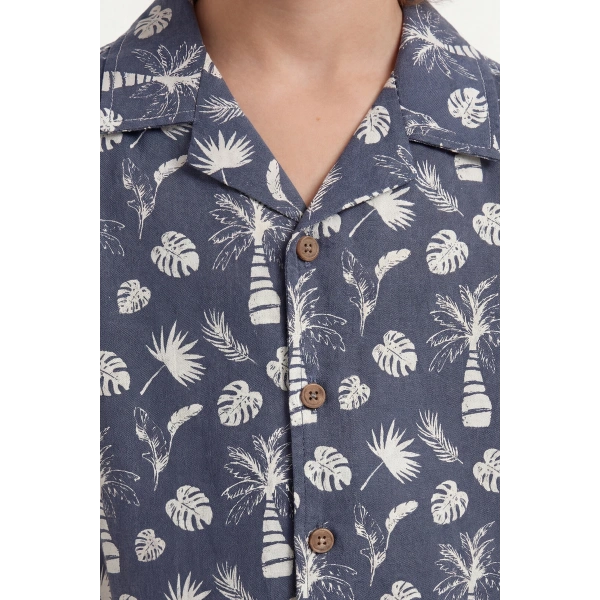 4-8 Yaş Erkek Çocuk Keten %100 Pamuk Yazlık Takım –Desenli Gömlek ve Şort Rahat Kesim Kombin