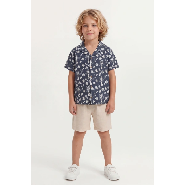 4-8 Yaş Erkek Çocuk Keten %100 Pamuk Yazlık Takım –Desenli Gömlek ve Şort Rahat Kesim Kombin