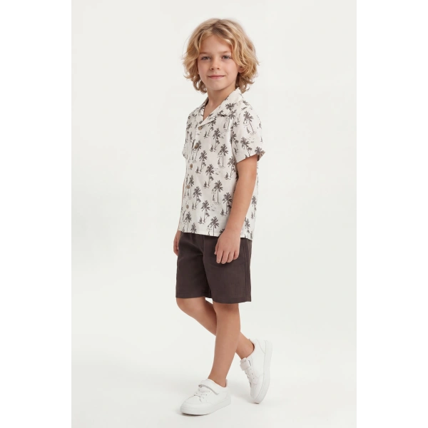 4-8 Yaş Erkek Çocuk Keten %100 Pamuk Yazlık Takım–Desenli Gömlek ve Şort Rahat Kesim Kombin