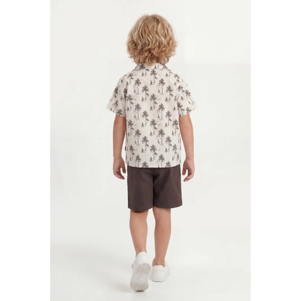 4-8 Yaş Erkek Çocuk Keten %100 Pamuk Yazlık Takım–Desenli Gömlek ve Şort Rahat Kesim Kombin