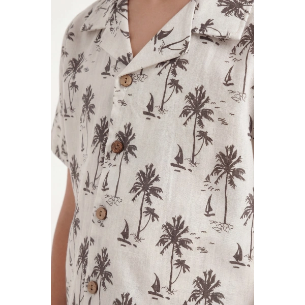 4-8 Yaş Erkek Çocuk Keten %100 Pamuk Yazlık Takım–Desenli Gömlek ve Şort Rahat Kesim Kombin