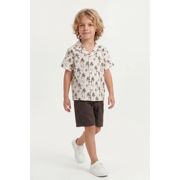 4-8 Yaş Erkek Çocuk Keten %100 Pamuk Yazlık Takım–Desenli Gömlek ve Şort Rahat Kesim Kombin