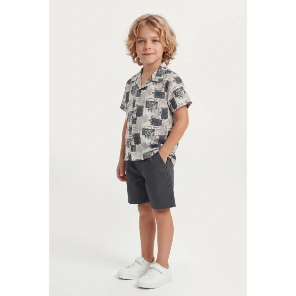 4-8 Yaş Erkek Çocuk Keten %100 Pamuk Yazlık Takım– Desenli Gömlek ve Şort Rahat Kesim Kombin