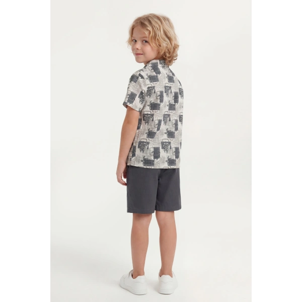 4-8 Yaş Erkek Çocuk Keten %100 Pamuk Yazlık Takım– Desenli Gömlek ve Şort Rahat Kesim Kombin