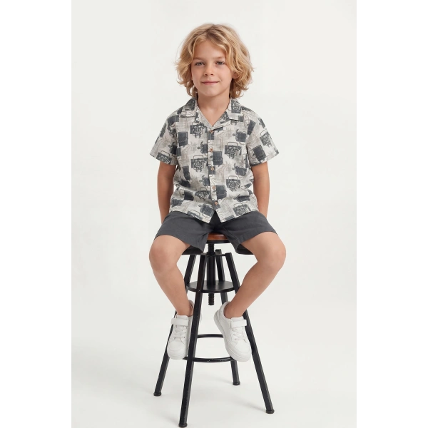 4-8 Yaş Erkek Çocuk Keten %100 Pamuk Yazlık Takım– Desenli Gömlek ve Şort Rahat Kesim Kombin