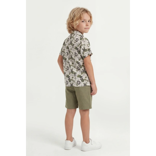 4-8 Yaş Erkek Çocuk Keten %100 Pamuk Yazlık Takım  – Desenli Gömlek ve Şort Rahat Kesim Kombin
