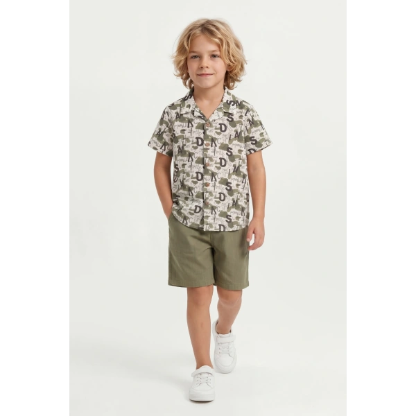 4-8 Yaş Erkek Çocuk Keten %100 Pamuk Yazlık Takım  – Desenli Gömlek ve Şort Rahat Kesim Kombin