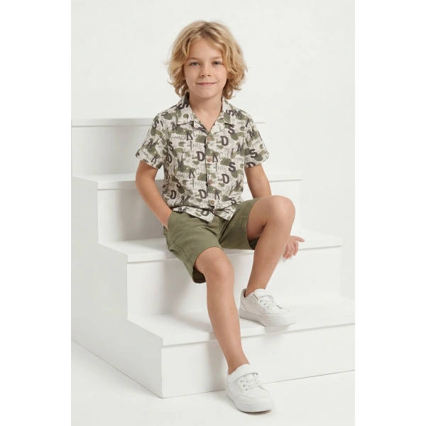 4-8 Yaş Erkek Çocuk Keten %100 Pamuk Yazlık Takım  – Desenli Gömlek ve Şort Rahat Kesim Kombin